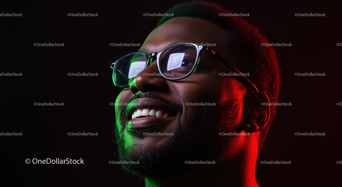Smiling Man with Glasses in Colorful Lighting