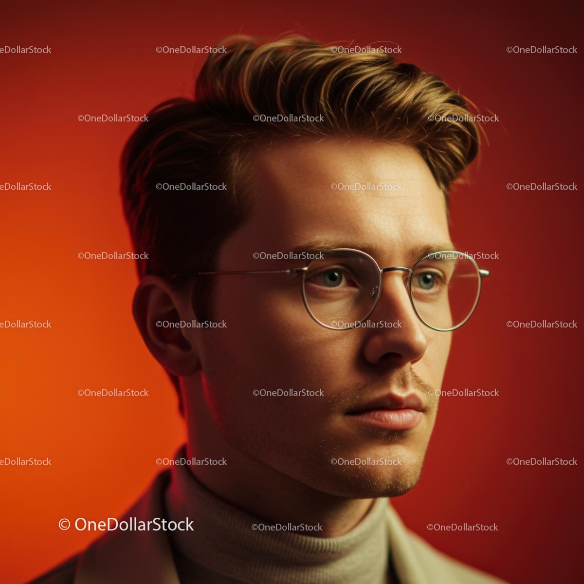 Young Man with Glasses Against Red Background