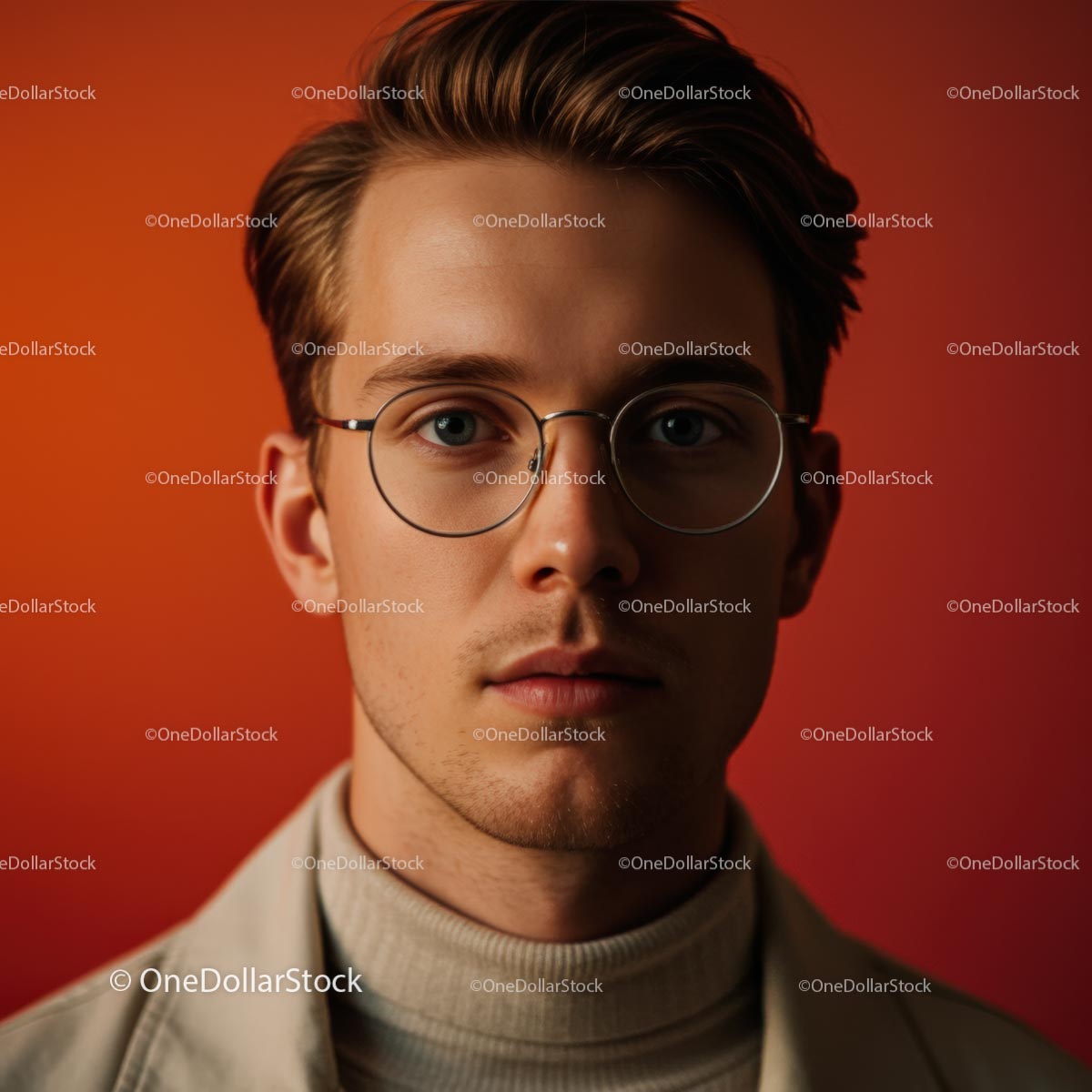 Young Man in Glasses with Warm Orange Background