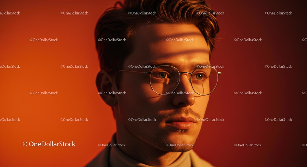 Stylish Man with Eyeglasses Against Orange Background