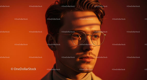 Stylowy mężczyzna w okularach na pomarańczowym tle