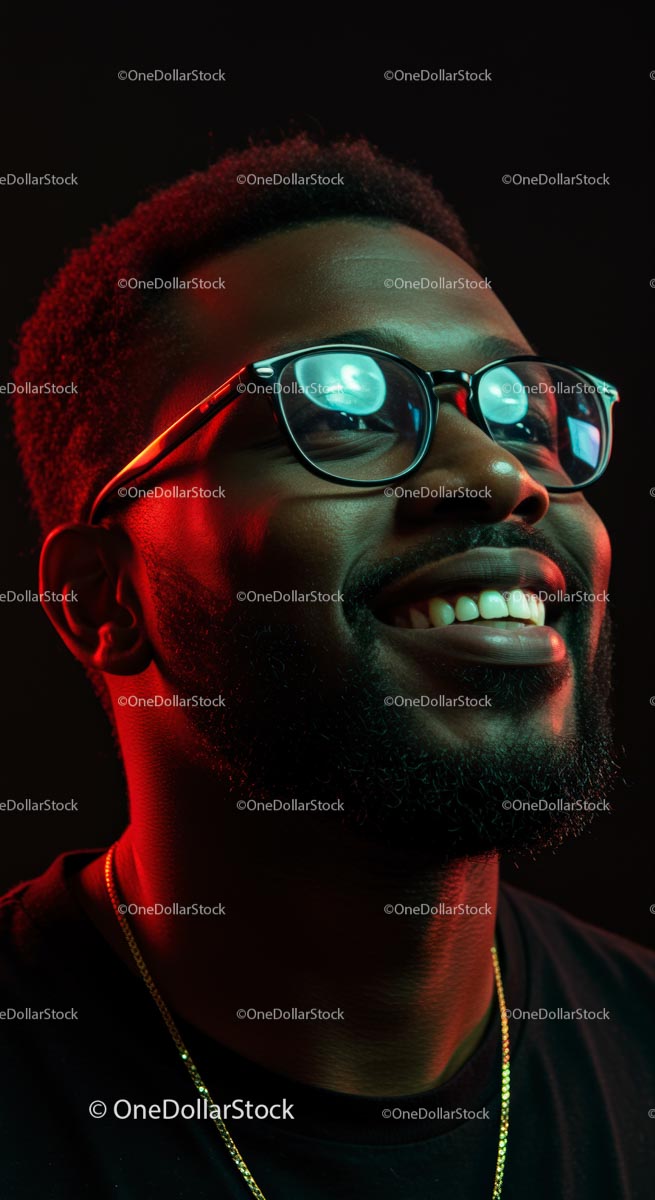 Smiling Man in Glasses with Red and Blue Lighting