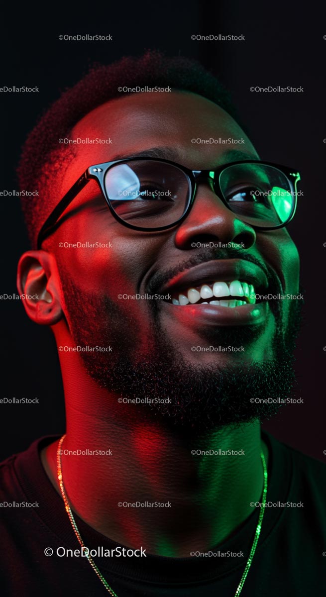 Smiling Man with Glasses Under Neon Lights