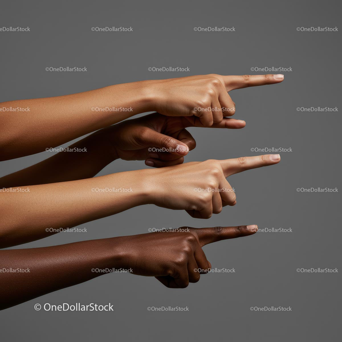 Diverse Hands Pointing Together on Gray Background
