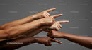 Diverse Hands Pointing in Unity Against Grey Background