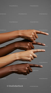 Diverse Hands Pointing in Unity on Gray Background