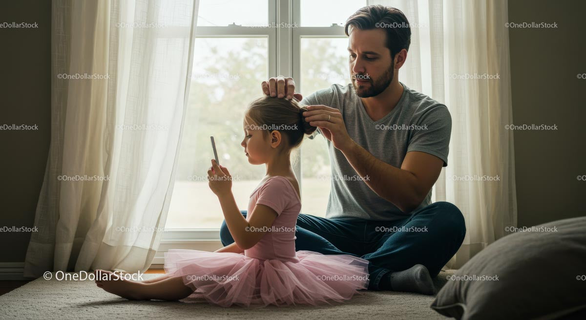 Father Styling Daughter's Hair in Cozy Morning Light