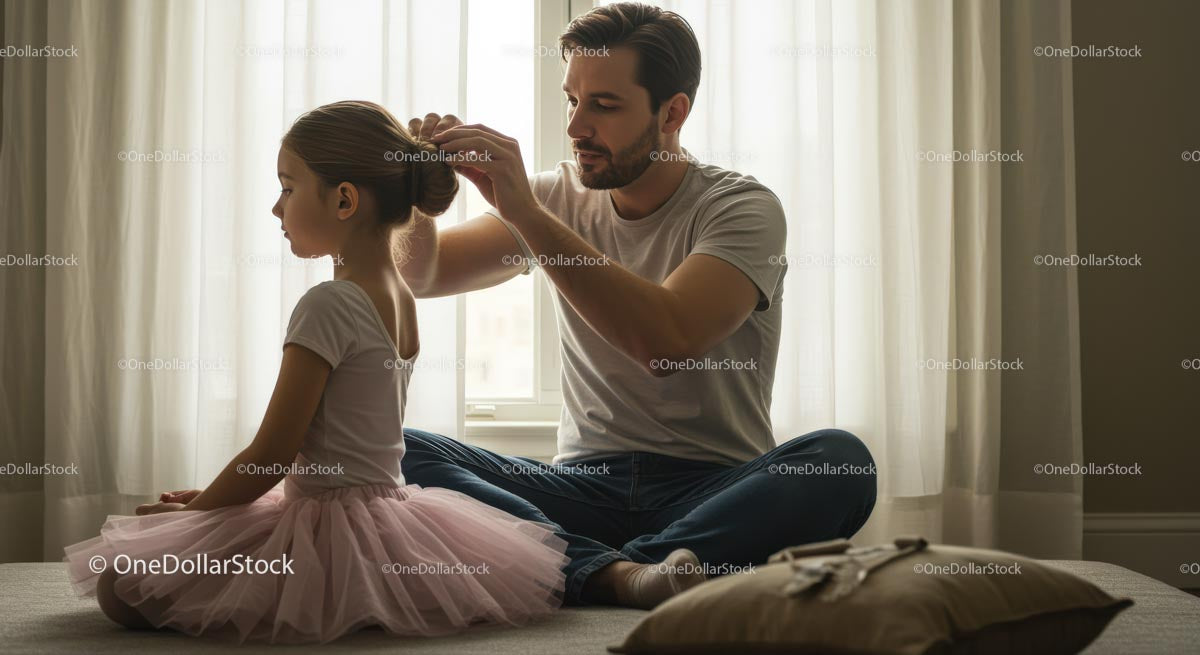 Father Styling Daughter's Hair for Ballet Class