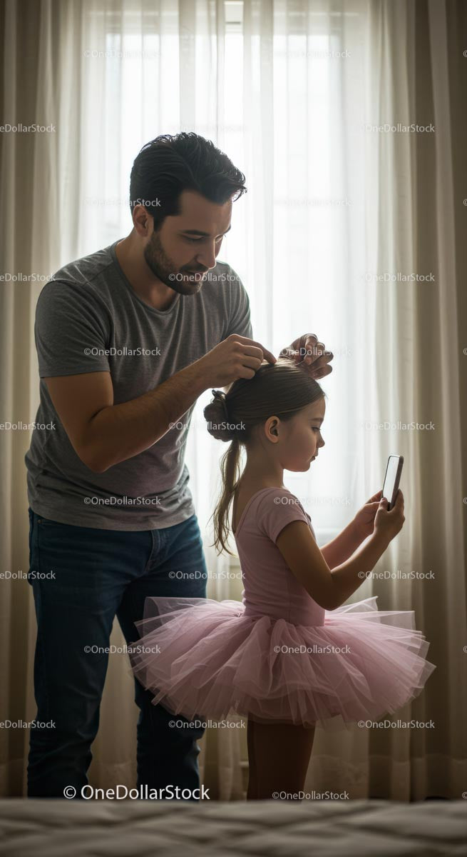 Father Styling Daughter's Hair in Pink Ballet Tutu