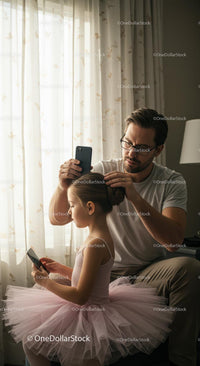 Father Styling Daughter's Hair for Ballet Practice