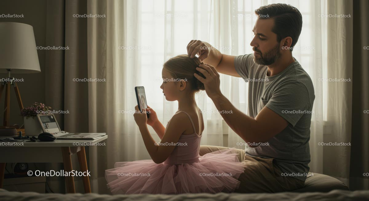 Father Styling Daughter's Hair in Pink Tutu