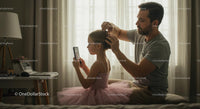 Father Styling Daughter's Hair in Pink Tutu