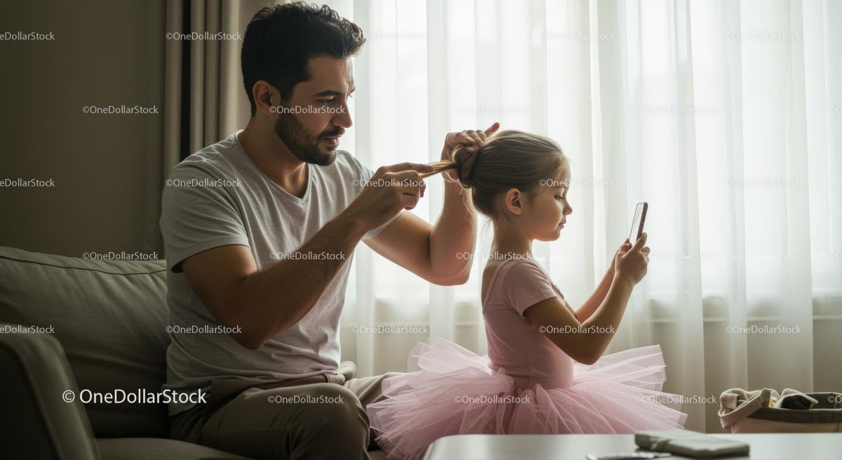 Father Styling Daughter's Hair for Ballet Class