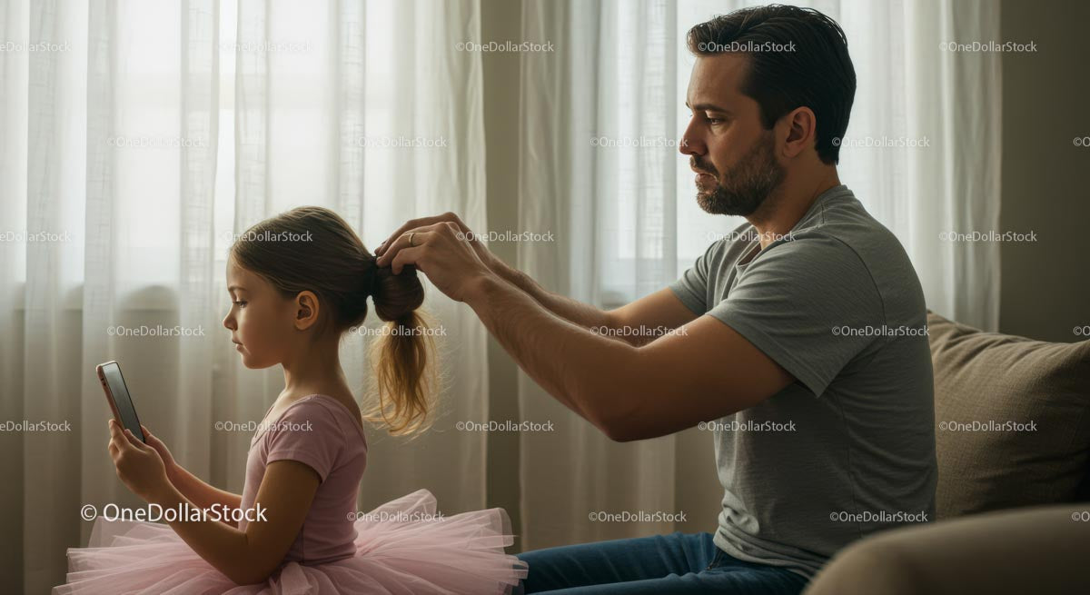 Father Braiding Hair of Young Daughter in Ballet Dress