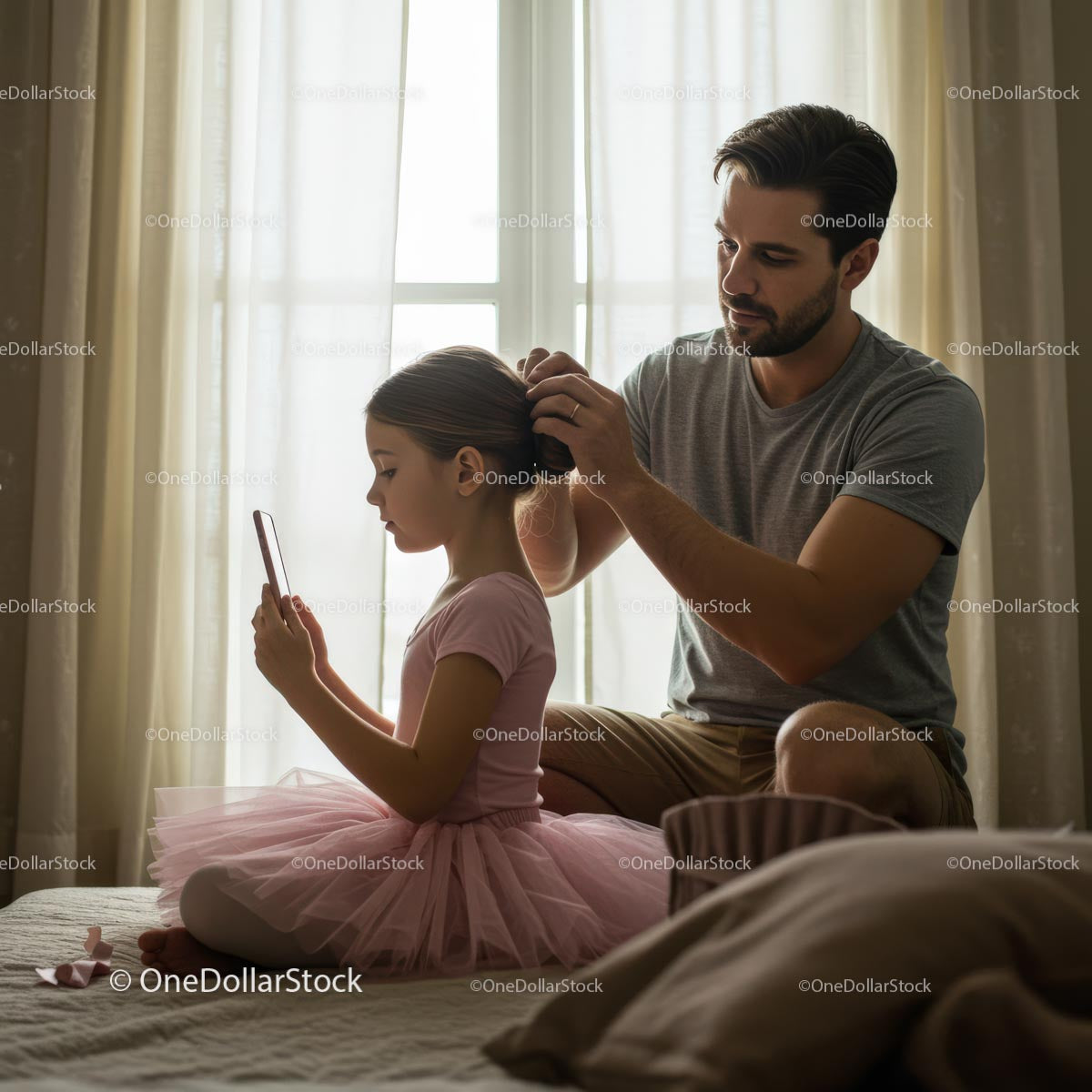 Father Styling Daughter's Hair in Ballet Outfit