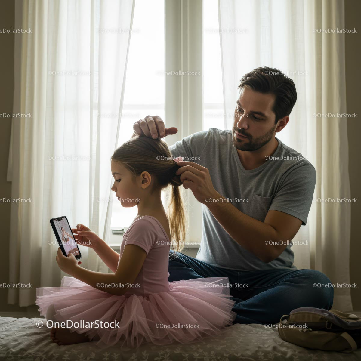 Father Braiding Daughter's Hair Before Ballet Class