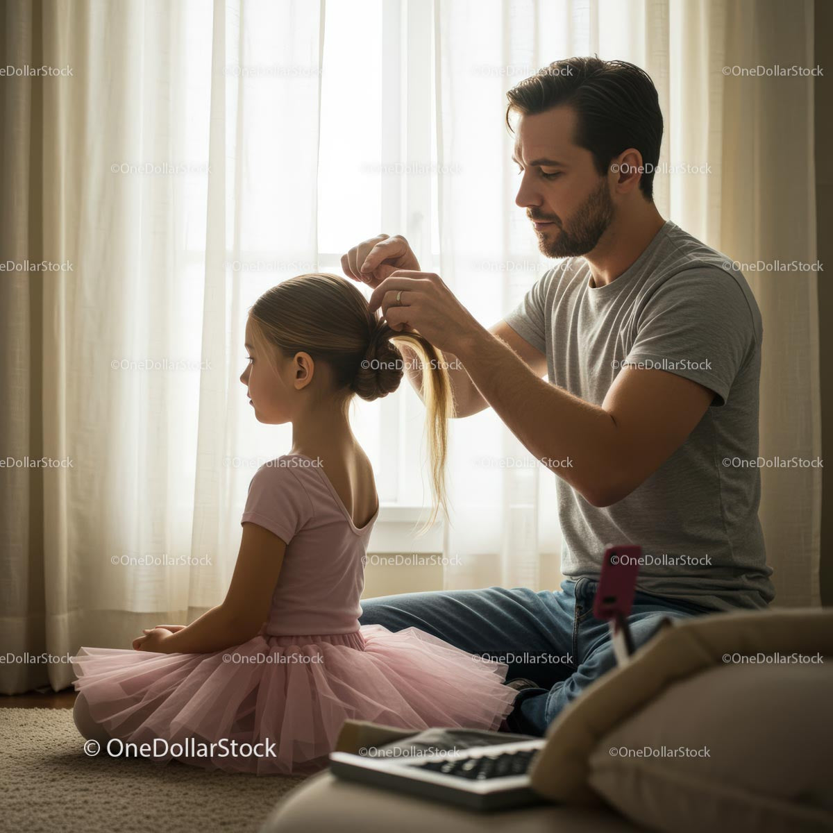 Father Styling Daughter's Hair in Pink Ballet Outfit