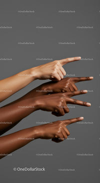Diverse Hands Pointing in Unison on Gray Background