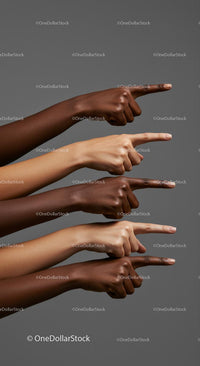 Diverse Hands Pointing in Unity on Gray Background