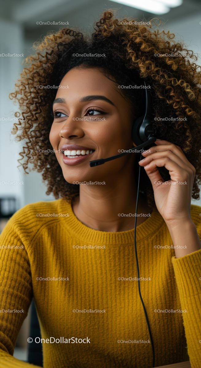 Smiling Woman with Headset in Customer Service Role