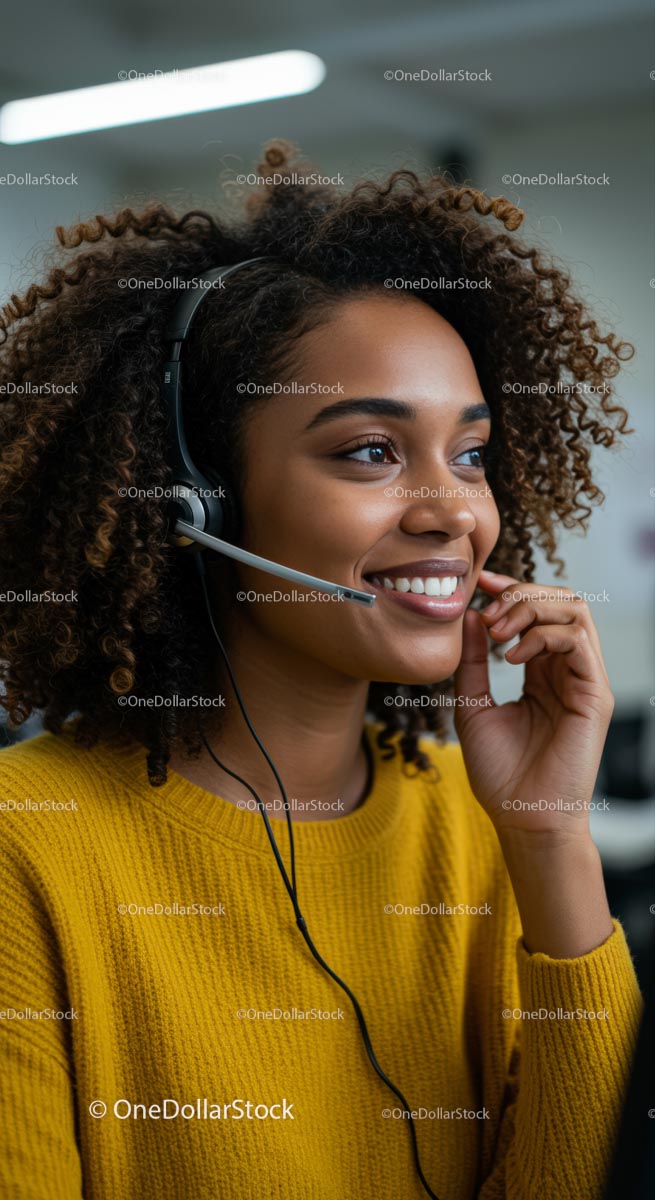 Smiling Woman with Headset in a Customer Service Setting