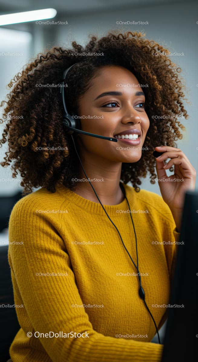 Smiling Call Center Woman in Yellow Sweater with Headset