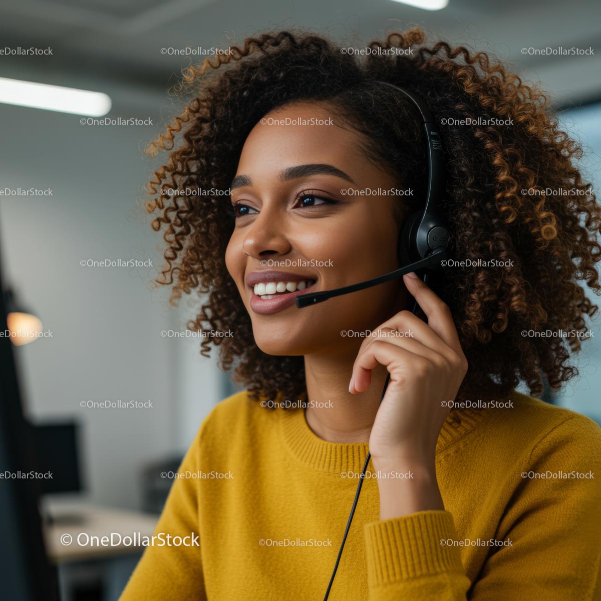 Smiling Woman in Yellow Sweater with Headset at Modern Office