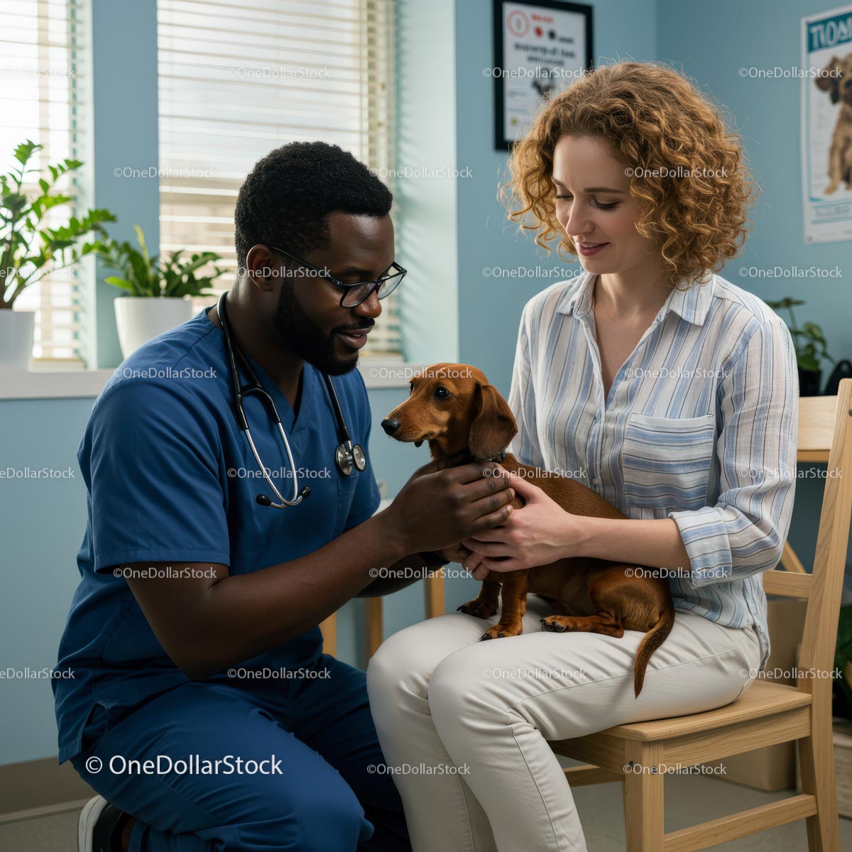 Veterinarian Examining Dachshund with Caring Owner