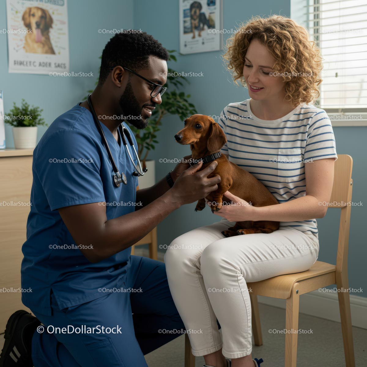 Veterinarian with Dachshund and Owner in Clinic