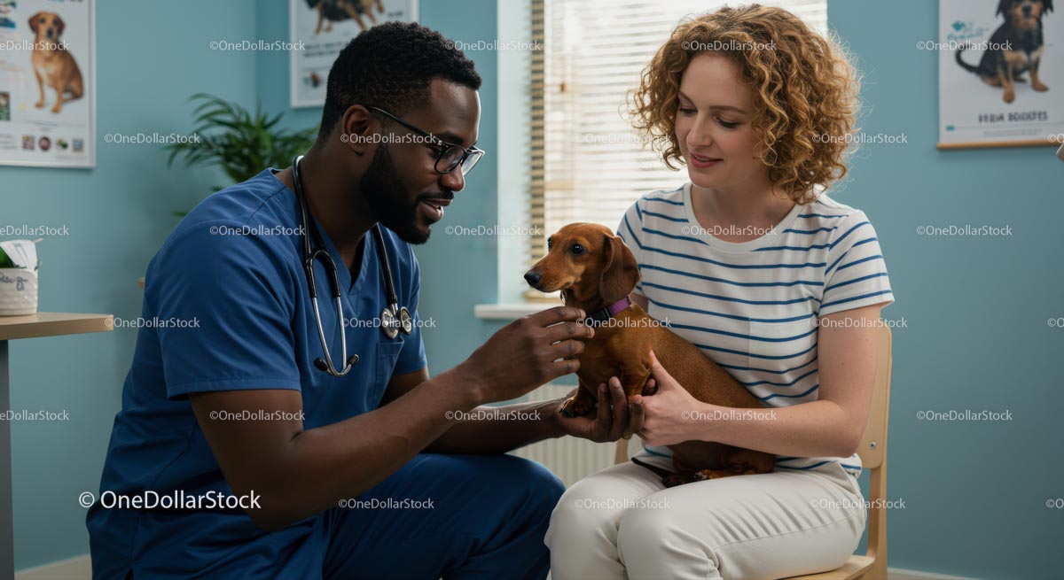 Veterinarian and Owner with Dachshund Puppy in Clinic