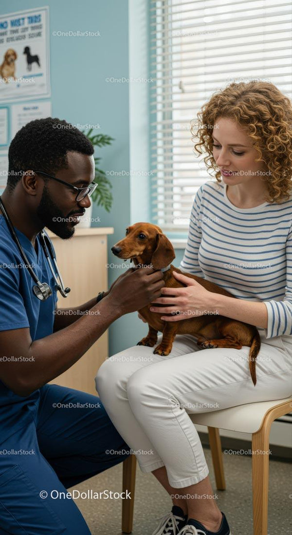 Weterynarz bada jamnika w klinice