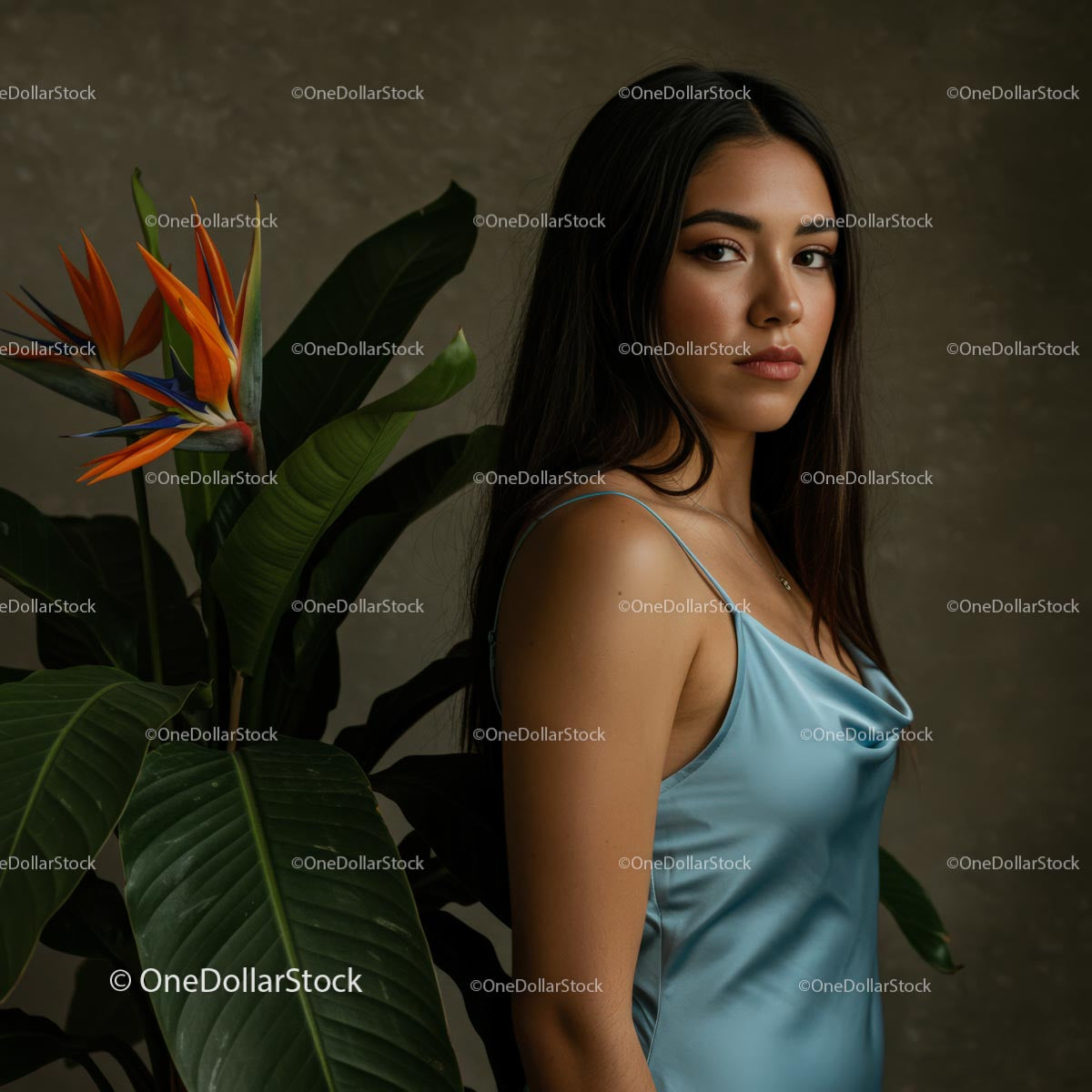 Young Woman in Blue Satin with Bird of Paradise Plant