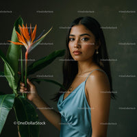 Elegant Woman Holding Bird of Paradise Flower