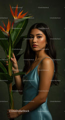 Elegant Woman Posing Beside Exotic Bird of Paradise Plant