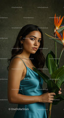 Elegant Woman Posing Beside Exotic Bird of Paradise Plant