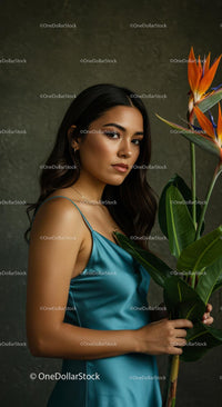 Elegant Woman Posing Beside Exotic Bird of Paradise Plant