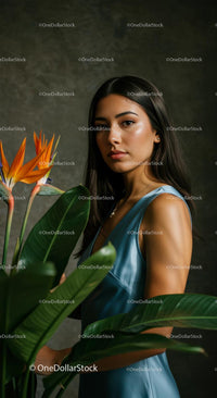 Elegant Woman in Blue Dress with Strelitzia Flowers