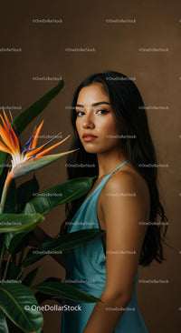 Elegant Woman Posing Beside Exotic Bird of Paradise Plant