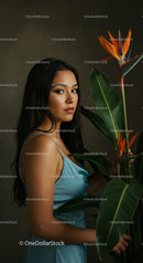 Woman in Blue Dress with Bird of Paradise Flowers