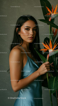 Elegant Woman Posing with Bird of Paradise Flower
