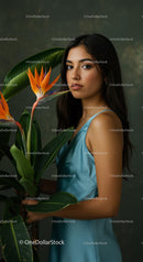 Elegant Woman Posing Beside Exotic Bird of Paradise Plant