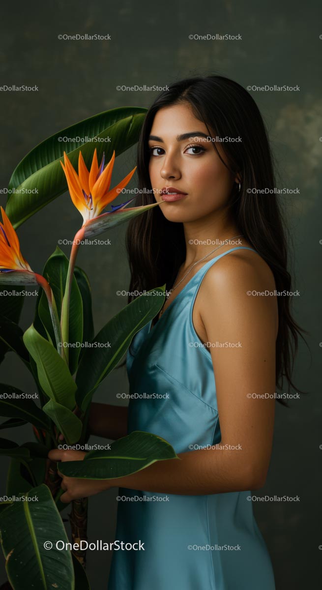 Elegant Woman Posing Beside Exotic Bird of Paradise Plant