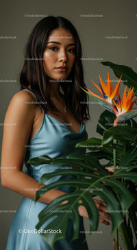 Elegant Woman Posing Beside Exotic Bird of Paradise Plant