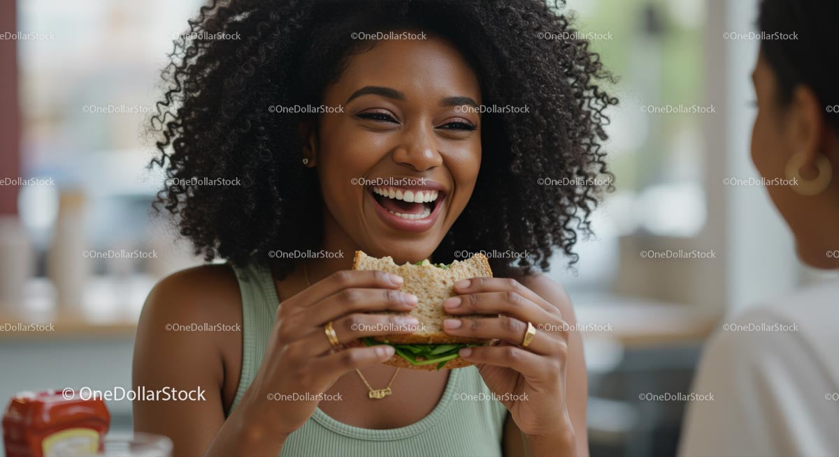 Joyful Woman Eating a Sandwich in a Bright Cafe