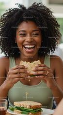 Joyful Woman Enjoying a Fresh Sandwich at Lunchtime