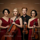 String Quartet in Elegant Red Attire with Classical Instruments
