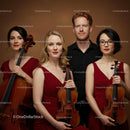 Elegant String Quartet in Red Attire with Instruments