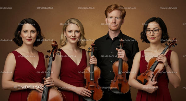 Elegancki kwartet smyczkowy w czerwonych strojach z instrumentami
