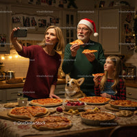 Family Enjoying Christmas Pizza in Festive Kitchen