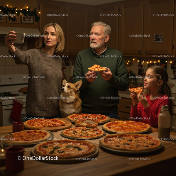 Rodzina ciesząca się domową pizzą z corgi w przytulnej kuchni